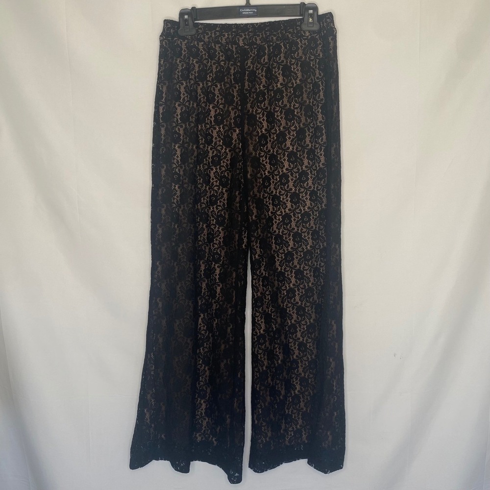 Scrap-Work Black Lace Wide Leg Palazzo‎ Pants Flare Womens L Boho Whimsygoth